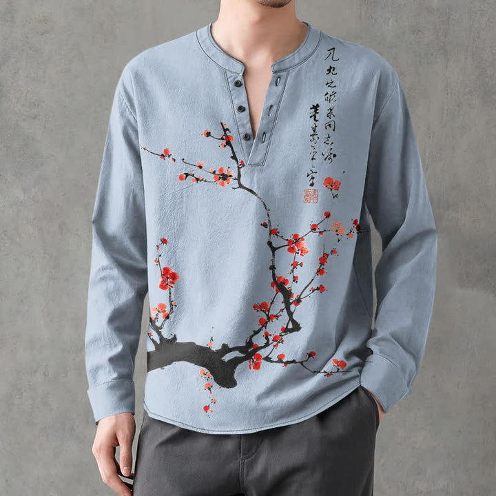 Buddha Stones Cotton Ink Red Plum Blossom Pattern V-Neck Buttons Men's Long Sleeve Shirts - LightSteelBlue - US/UK/AU48，EU58 (4XL) - image 14
