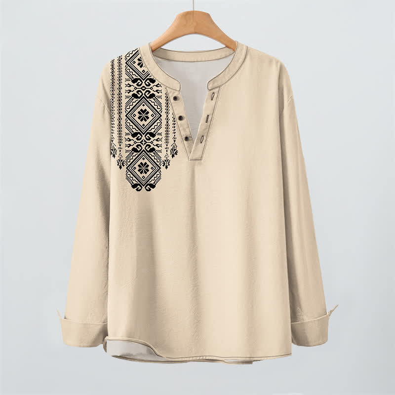 Buddha Stones Cotton Bohemian Square Geometric Pattern V-Neck Buttons Men's Long Sleeve Shirts - image 2