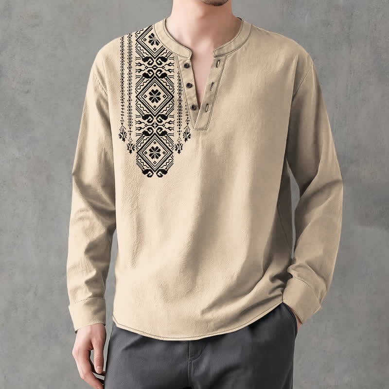 Buddha Stones Cotton Bohemian Square Geometric Pattern V-Neck Buttons Men's Long Sleeve Shirts - image 1