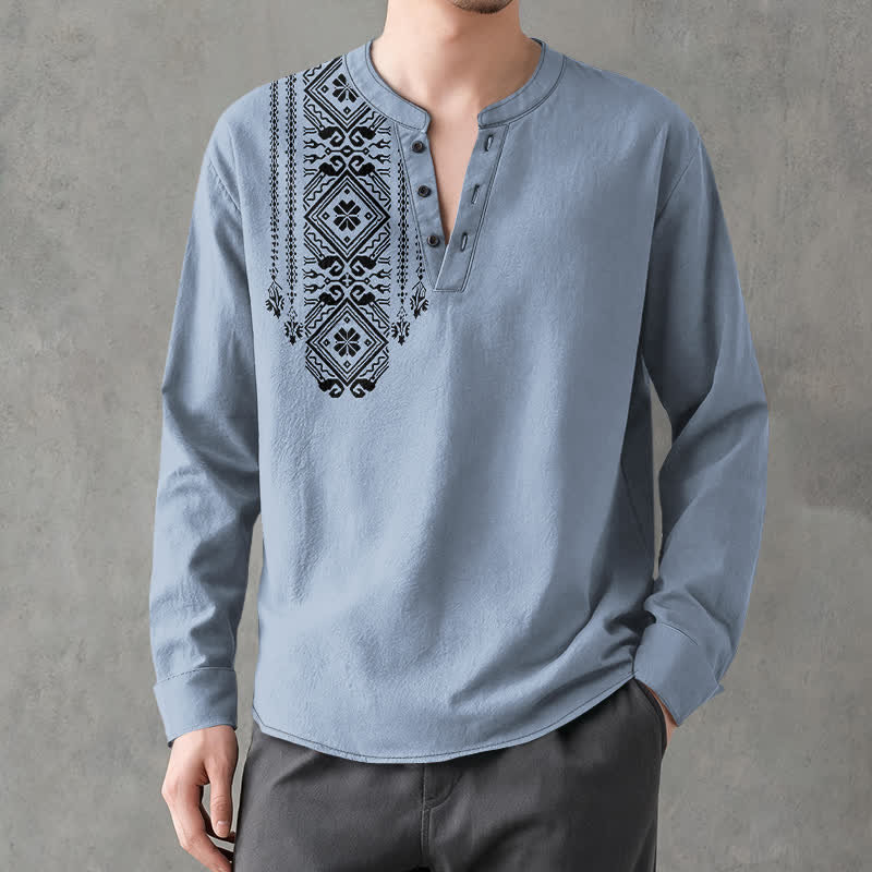 Buddha Stones Cotton Bohemian Square Geometric Pattern V-Neck Buttons Men's Long Sleeve Shirts - image 8
