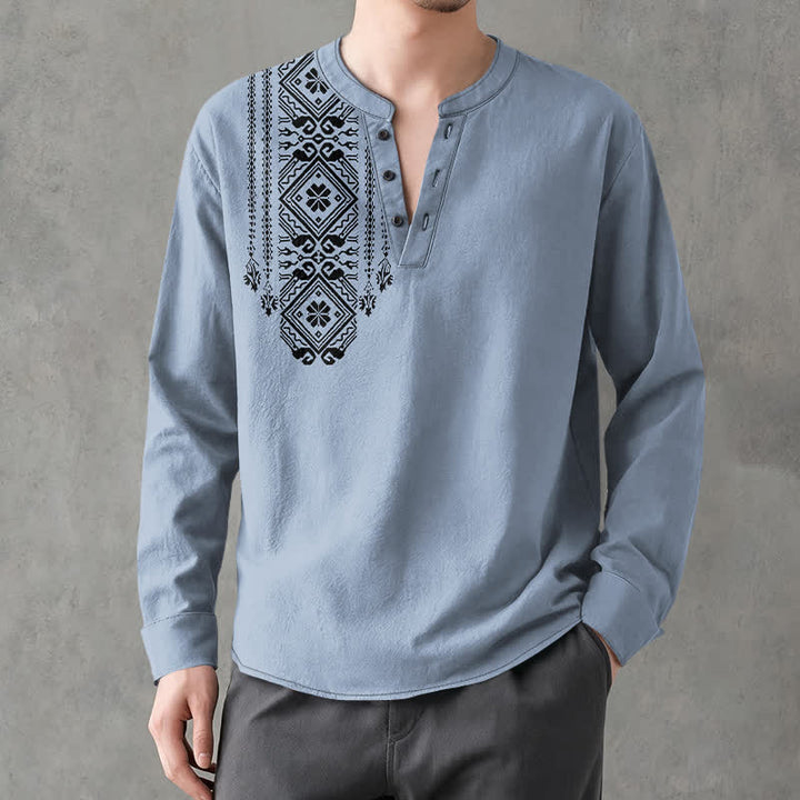 Buddha Stones Cotton Bohemian Square Geometric Pattern V-Neck Buttons Men's Long Sleeve Shirts - image 8
