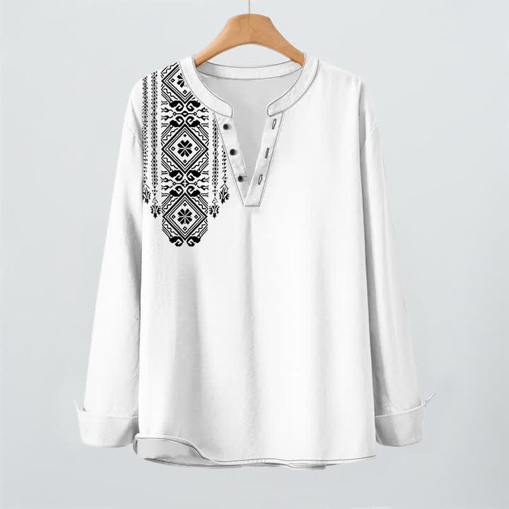 Buddha Stones Cotton Bohemian Square Geometric Pattern V-Neck Buttons Men's Long Sleeve Shirts - image 16