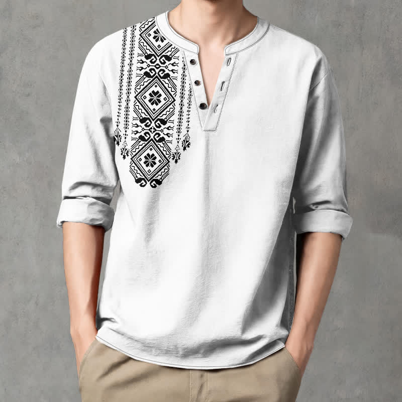 Buddha Stones Cotton Bohemian Square Geometric Pattern V-Neck Buttons Men's Long Sleeve Shirts - White - US/UK/AU48，EU58 (4XL) - image 14