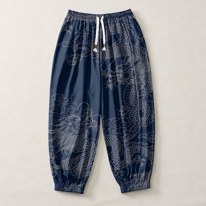 Buddha Stones Pure Cotton Dragon Auspicious Clouds Pattern Drawstring Men's Harem Pants With Pockets - image 1