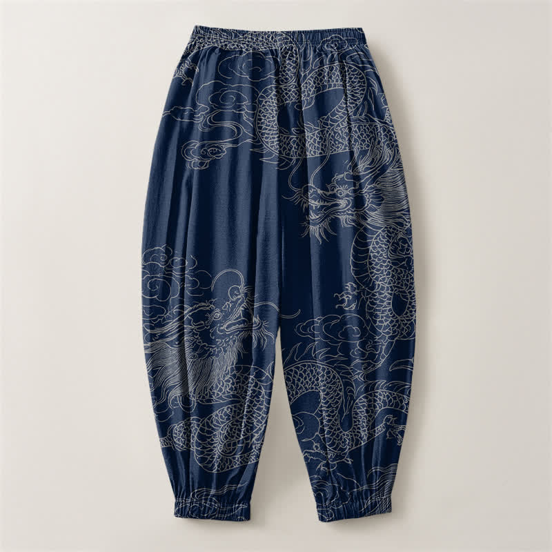 Buddha Stones Pure Cotton Dragon Auspicious Clouds Pattern Drawstring Men's Harem Pants With Pockets - image 2