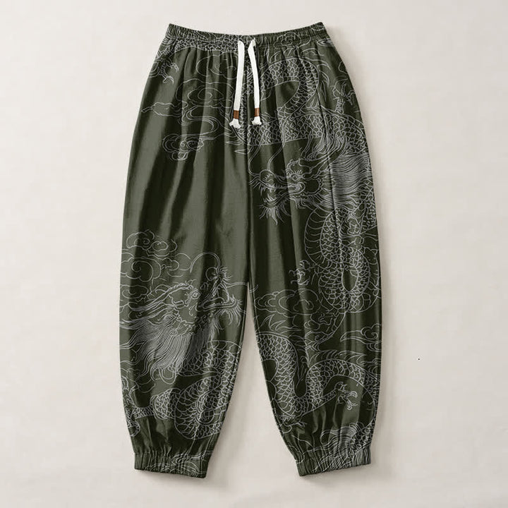 Buddha Stones Pure Cotton Dragon Auspicious Clouds Pattern Drawstring Men's Harem Pants With Pockets - image 7