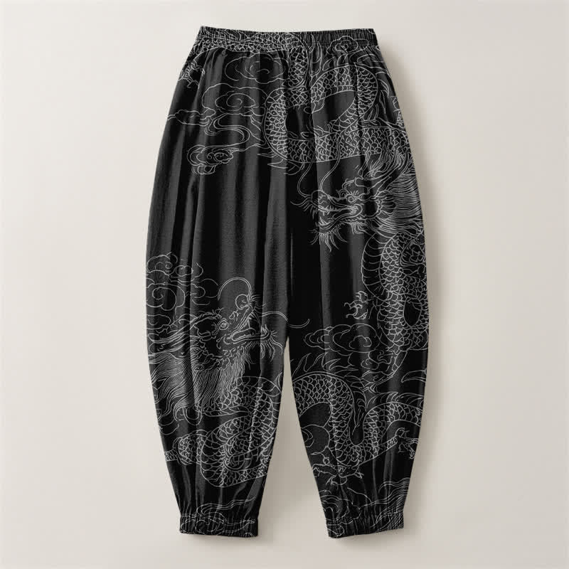 Buddha Stones Pure Cotton Dragon Auspicious Clouds Pattern Drawstring Men's Harem Pants With Pockets - image 14