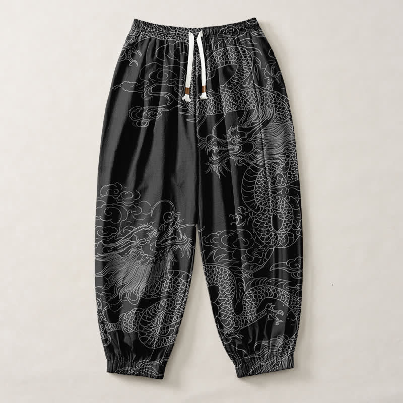 Buddha Stones Pure Cotton Dragon Auspicious Clouds Pattern Drawstring Men's Harem Pants With Pockets - image 13