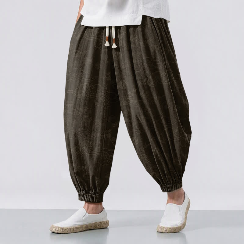 Buddha Stones Pure Cotton Traditional Cloud Medallion Pattern Drawstring Men's Harem Pants With Pockets - SaddleBrown - US/UK/AU50，EU60 (5XL) - image 0