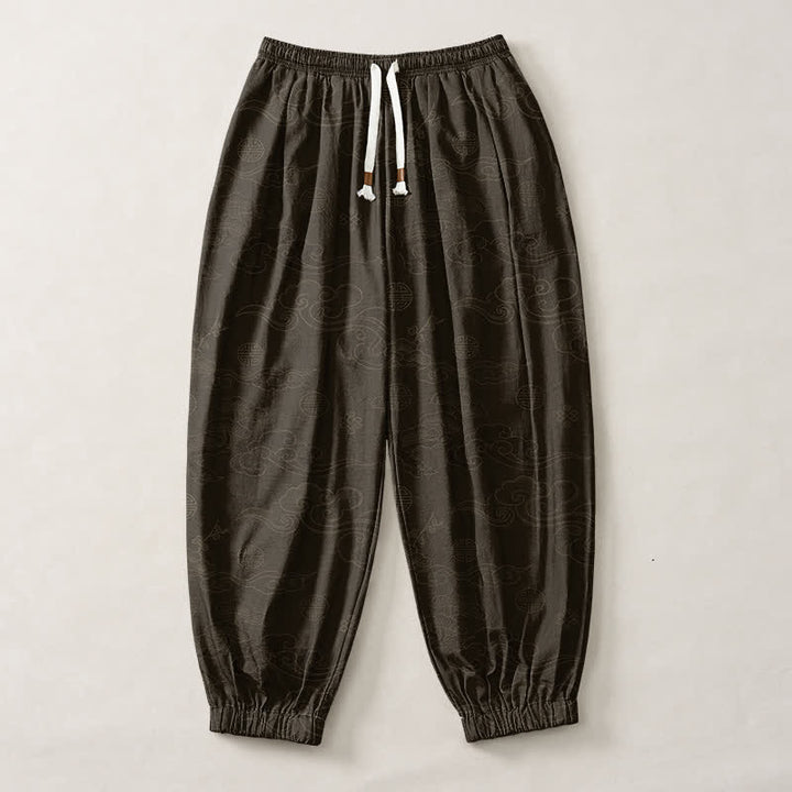 Buddha Stones Pure Cotton Traditional Cloud Medallion Pattern Drawstring Men's Harem Pants With Pockets - image 1