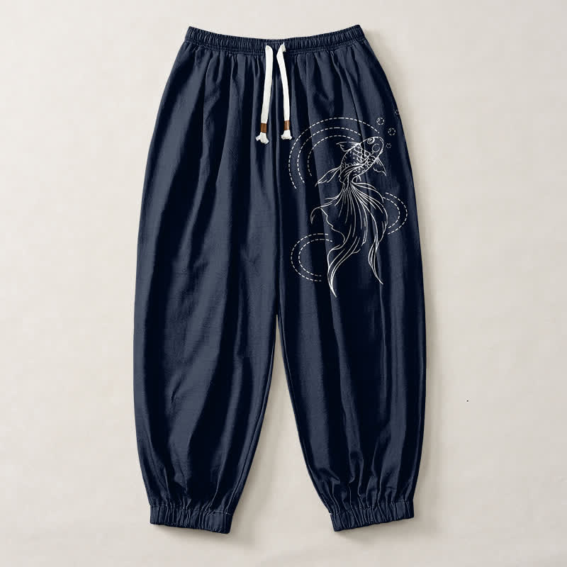 Buddha Stones Pure Cotton Koi Fish Pattern Drawstring Men's Harem Pants With Pockets - image 1