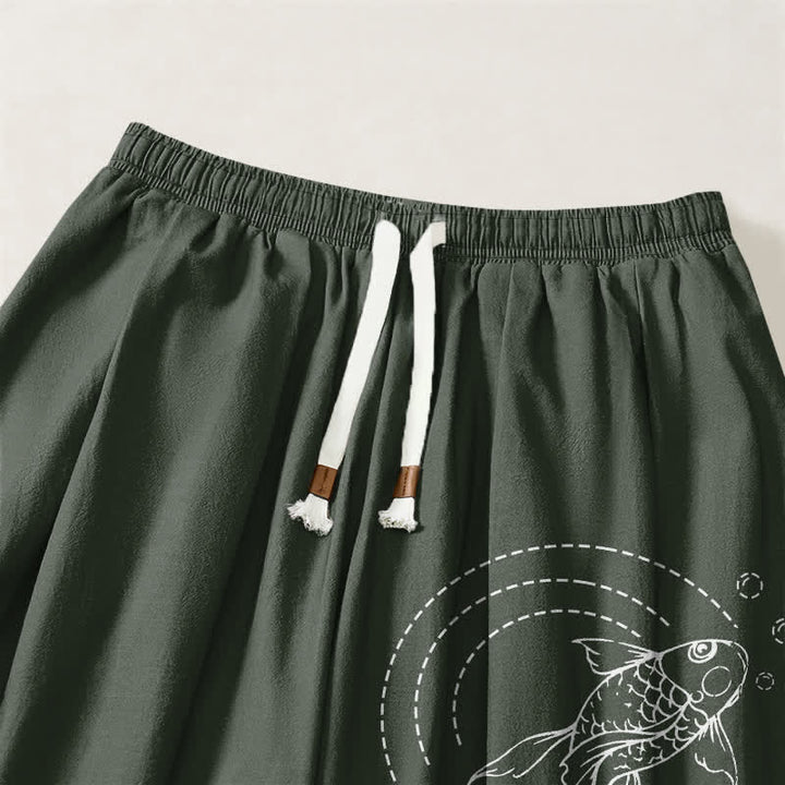 Buddha Stones Pure Cotton Koi Fish Pattern Drawstring Men's Harem Pants With Pockets - image 9