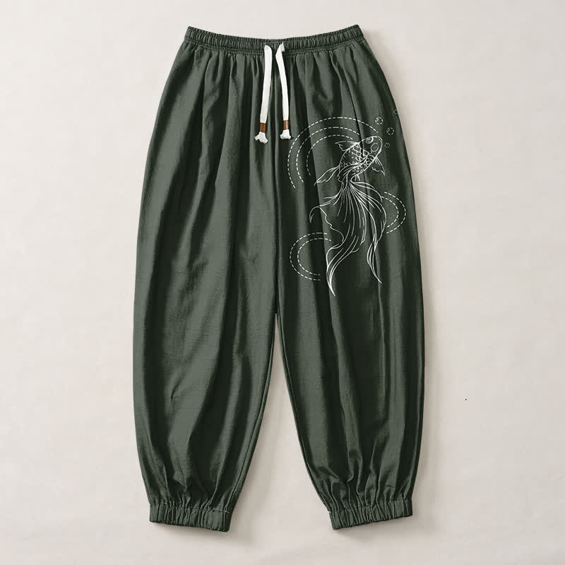 Buddha Stones Pure Cotton Koi Fish Pattern Drawstring Men's Harem Pants With Pockets - image 7