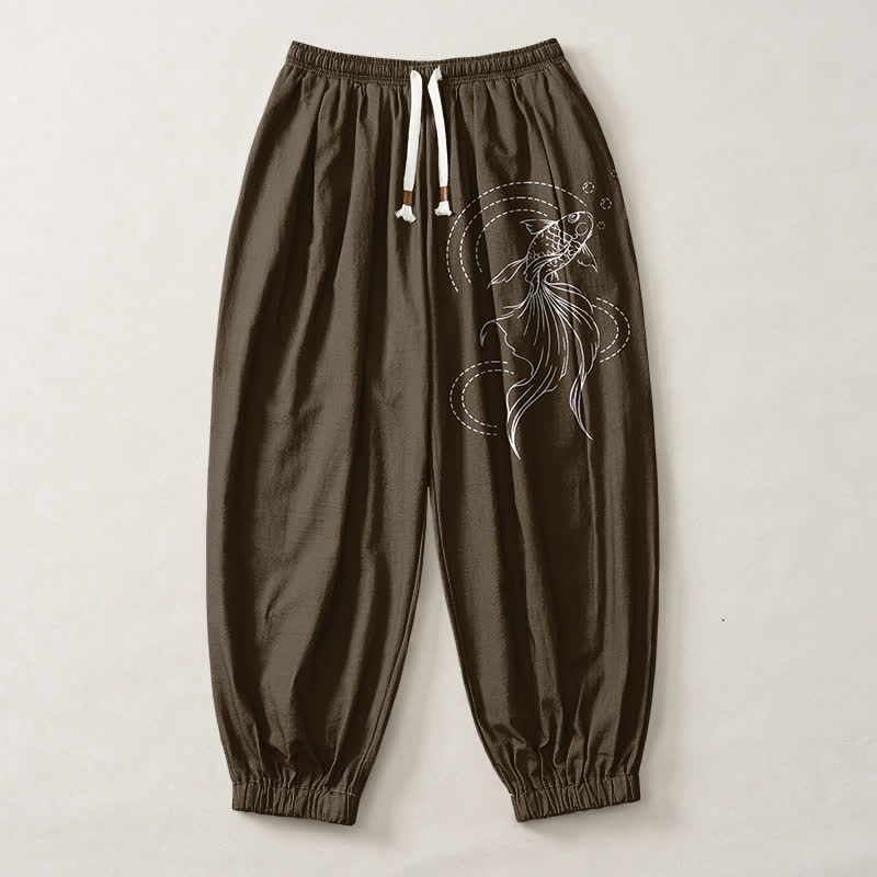 Buddha Stones Pure Cotton Koi Fish Pattern Drawstring Men's Harem Pants With Pockets - image 13