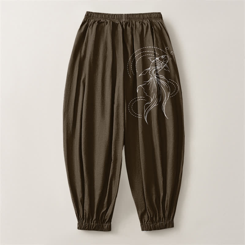 Buddha Stones Pure Cotton Koi Fish Pattern Drawstring Men's Harem Pants With Pockets - image 14