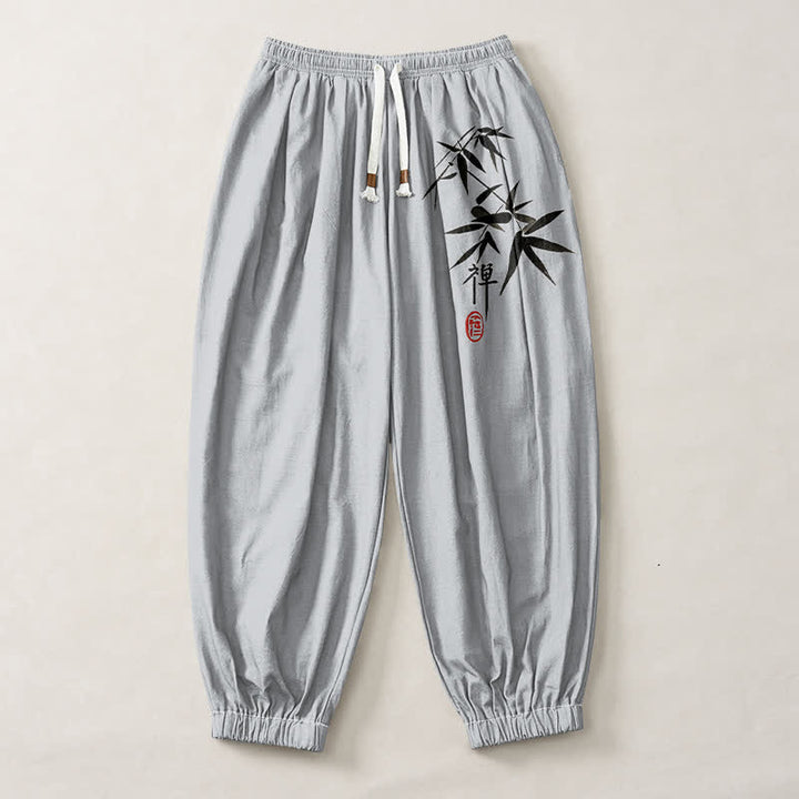 Buddha Stones Pure Cotton Ink Bamboo Pattern Drawstring Men's Harem Pants With Pockets - image 1
