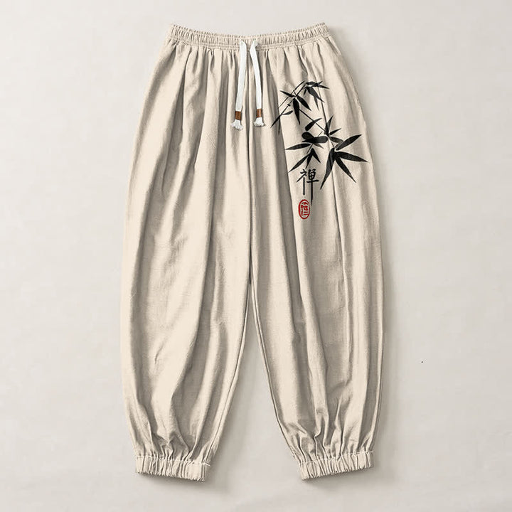 Buddha Stones Pure Cotton Ink Bamboo Pattern Drawstring Men's Harem Pants With Pockets - image 13