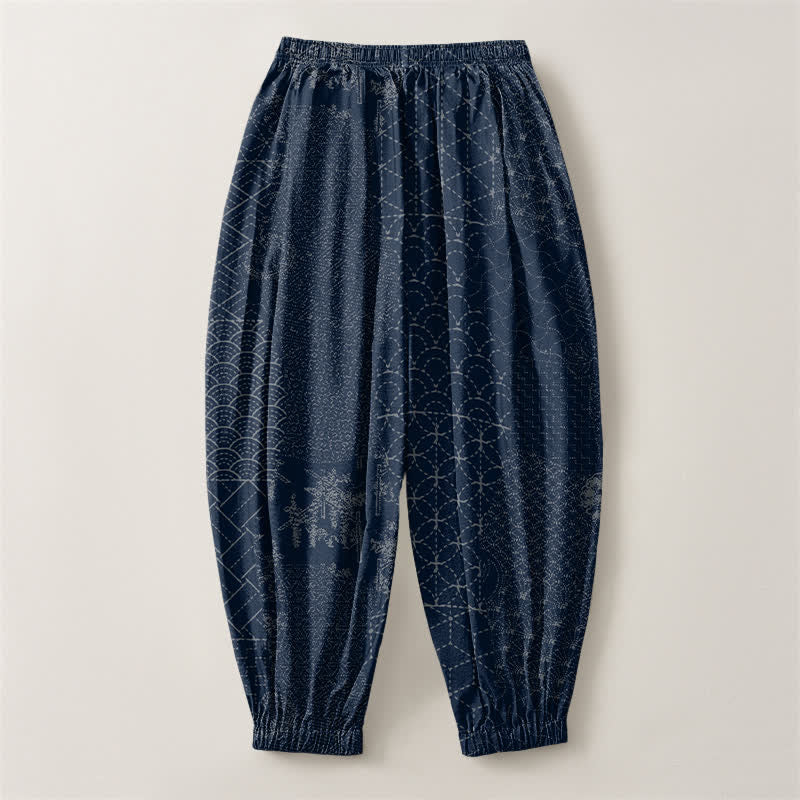 Buddha Stones Pure Cotton Geometric Wave Pattern Drawstring Men's Harem Pants With Pockets - image 2
