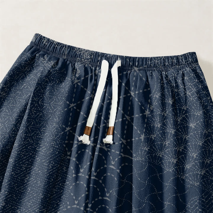 Buddha Stones Pure Cotton Geometric Wave Pattern Drawstring Men's Harem Pants With Pockets - image 3
