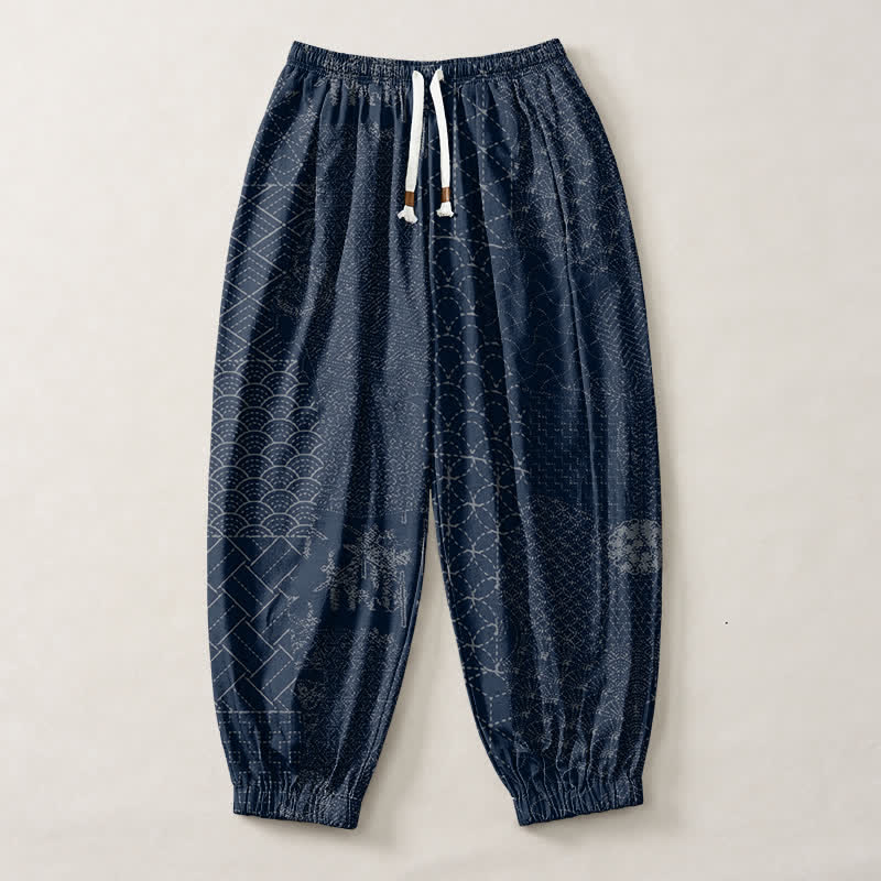 Buddha Stones Pure Cotton Geometric Wave Pattern Drawstring Men's Harem Pants With Pockets - image 1