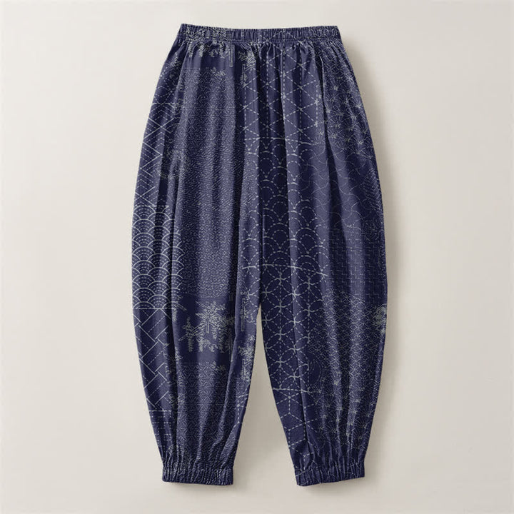 Buddha Stones Pure Cotton Geometric Wave Pattern Drawstring Men's Harem Pants With Pockets - image 8