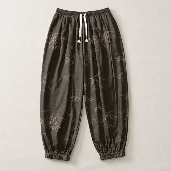 Buddha Stones Pure Cotton Bamboo Leaf Pattern Drawstring Men's Harem Pants With Pockets - image 1