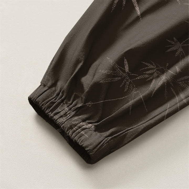 Buddha Stones Pure Cotton Bamboo Leaf Pattern Drawstring Men's Harem Pants With Pockets - image 4