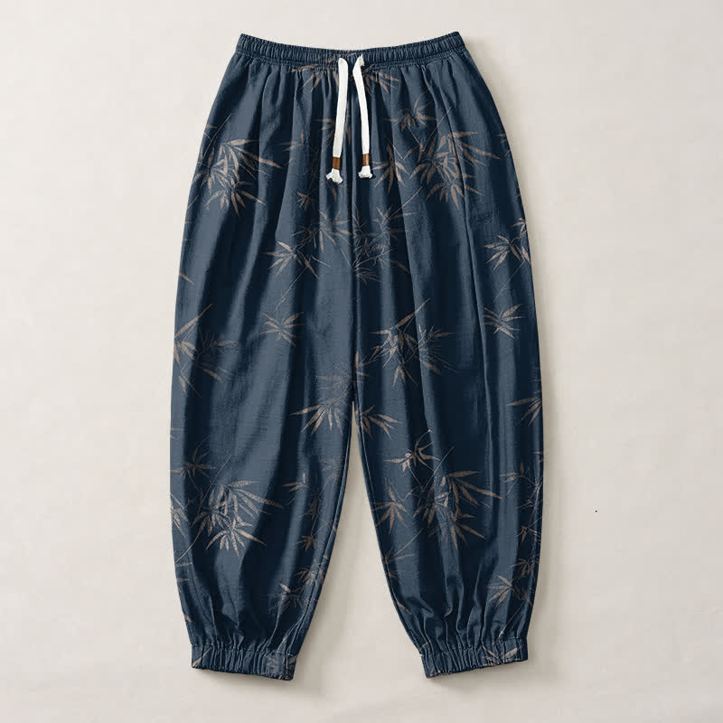Buddha Stones Pure Cotton Bamboo Leaf Pattern Drawstring Men's Harem Pants With Pockets - image 7