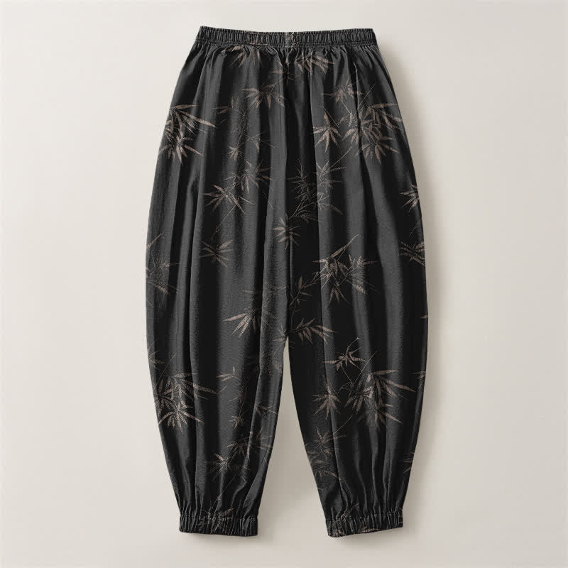 Buddha Stones Pure Cotton Bamboo Leaf Pattern Drawstring Men's Harem Pants With Pockets - image 14
