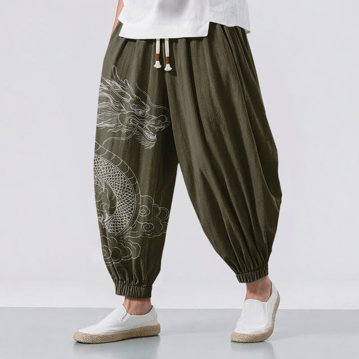 Buddha Stones Pure Cotton White Dragon Clouds Pattern Drawstring Men's Harem Pants With Pockets - DarkOliveGreen - US/UK/AU50，EU60 (5XL) - image 0