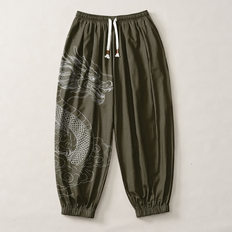 Buddha Stones Pure Cotton White Dragon Clouds Pattern Drawstring Men's Harem Pants With Pockets - image 1