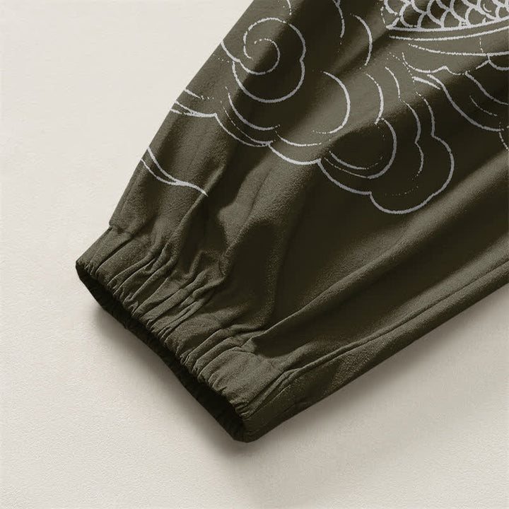 Buddha Stones Pure Cotton White Dragon Clouds Pattern Drawstring Men's Harem Pants With Pockets - image 4