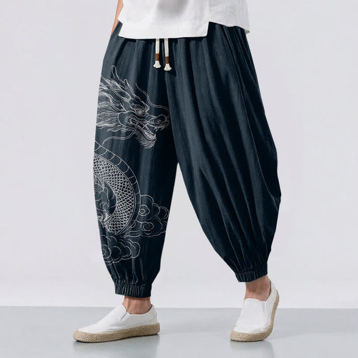 Buddha Stones Pure Cotton White Dragon Clouds Pattern Drawstring Men's Harem Pants With Pockets - Navy - US/UK/AU50，EU60 (5XL) - image 6