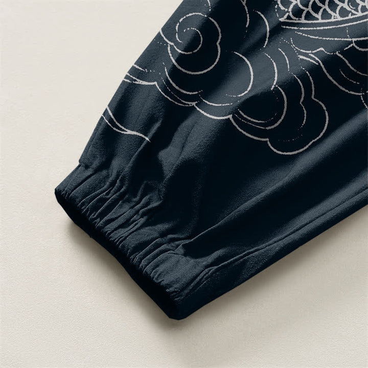 Buddha Stones Pure Cotton White Dragon Clouds Pattern Drawstring Men's Harem Pants With Pockets - image 10
