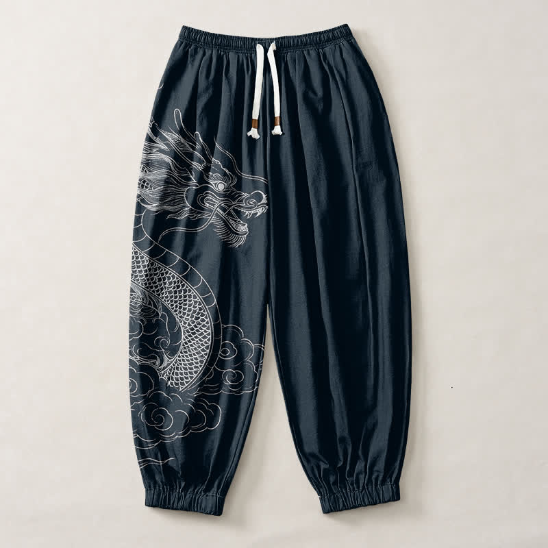 Buddha Stones Pure Cotton White Dragon Clouds Pattern Drawstring Men's Harem Pants With Pockets - image 7