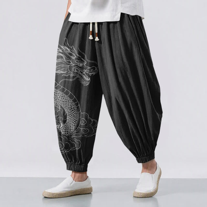 Buddha Stones Pure Cotton White Dragon Clouds Pattern Drawstring Men's Harem Pants With Pockets - Black - US/UK/AU50，EU60 (5XL) - image 12