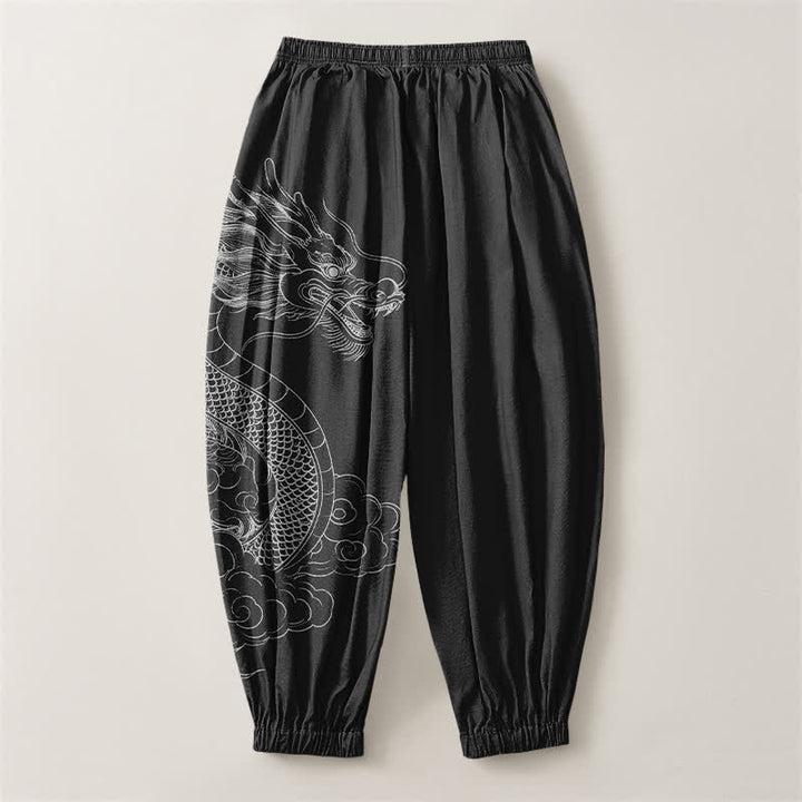 Buddha Stones Pure Cotton White Dragon Clouds Pattern Drawstring Men's Harem Pants With Pockets - image 14