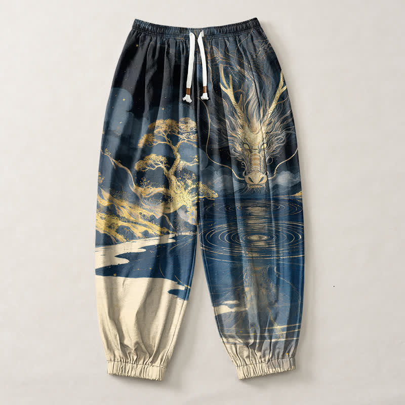 Buddha Stones Pure Cotton Golden Dragon Landscape Pattern Drawstring Men's Harem Pants With Pockets - image 1