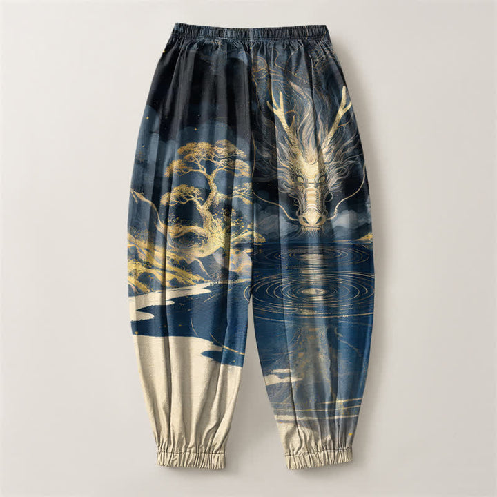 Buddha Stones Pure Cotton Golden Dragon Landscape Pattern Drawstring Men's Harem Pants With Pockets - image 2