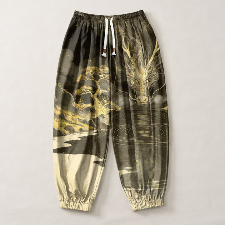 Buddha Stones Pure Cotton Golden Dragon Landscape Pattern Drawstring Men's Harem Pants With Pockets - image 13
