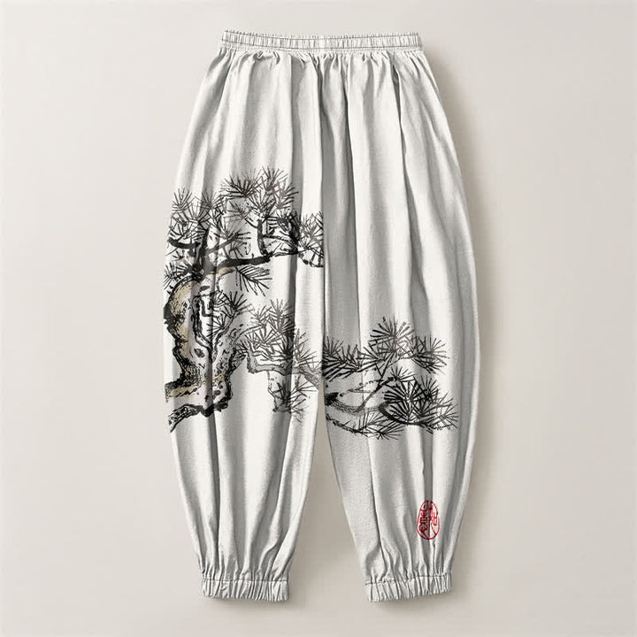 Buddha Stones Pure Cotton Ink Pine Tree Pattern Drawstring Men's Harem Pants With Pockets - image 2