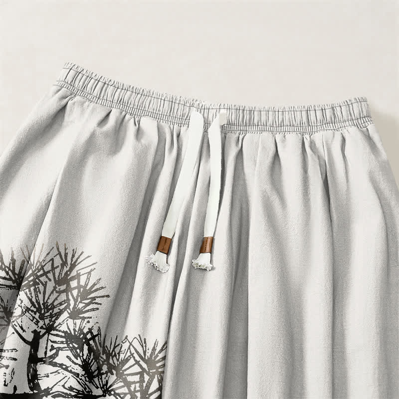 Buddha Stones Pure Cotton Ink Pine Tree Pattern Drawstring Men's Harem Pants With Pockets - image 3