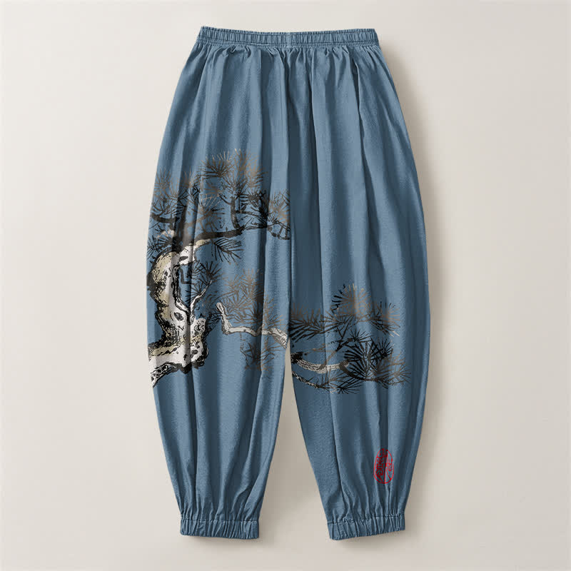 Buddha Stones Pure Cotton Ink Pine Tree Pattern Drawstring Men's Harem Pants With Pockets - image 8