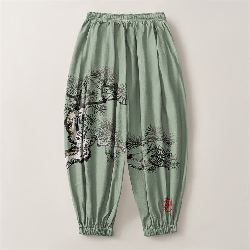 Buddha Stones Pure Cotton Ink Pine Tree Pattern Drawstring Men's Harem Pants With Pockets - image 14