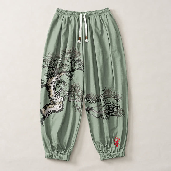 Buddha Stones Pure Cotton Ink Pine Tree Pattern Drawstring Men's Harem Pants With Pockets - image 13