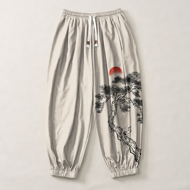 Buddha Stones Pure Cotton Ink Pine Tree Sun Pattern Drawstring Men's Harem Pants With Pockets - image 1