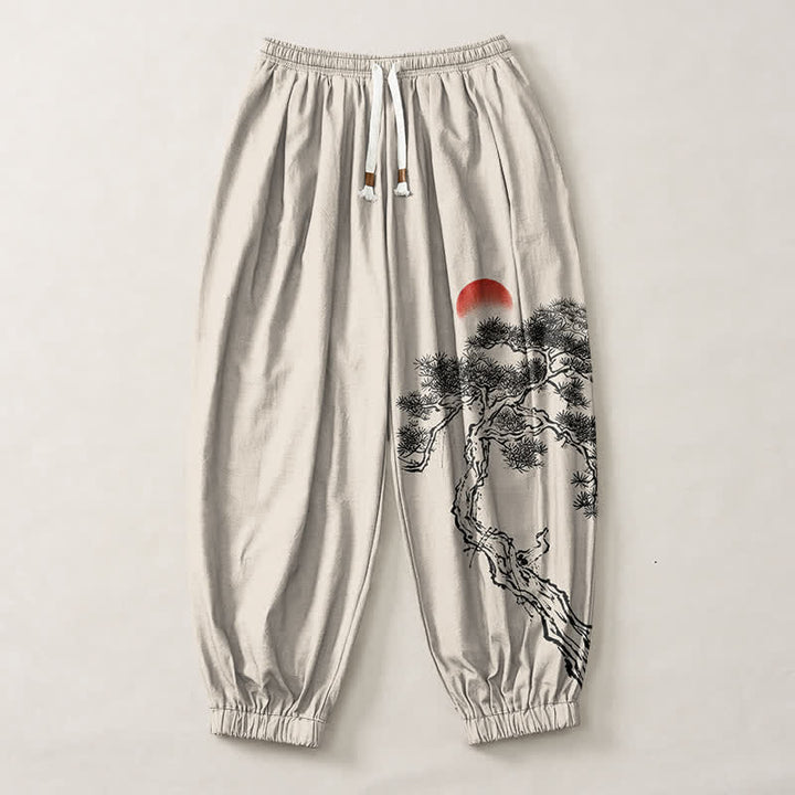 Buddha Stones Pure Cotton Ink Pine Tree Sun Pattern Drawstring Men's Harem Pants With Pockets - image 1
