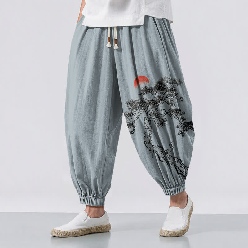 Buddha Stones Pure Cotton Ink Pine Tree Sun Pattern Drawstring Men's Harem Pants With Pockets - LightSteelBlue - US/UK/AU50，EU60 (5XL) - image 6