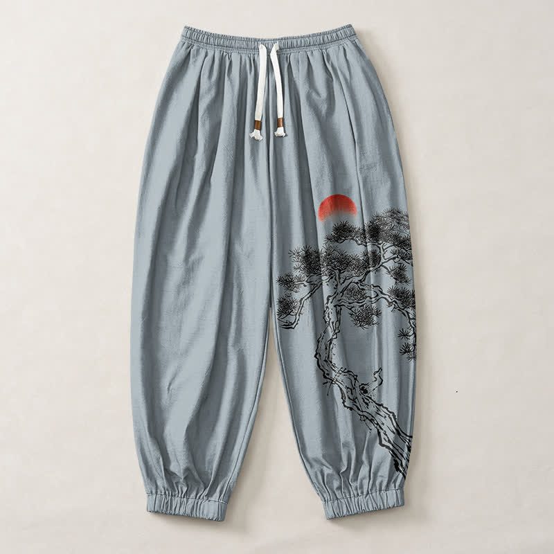 Buddha Stones Pure Cotton Ink Pine Tree Sun Pattern Drawstring Men's Harem Pants With Pockets - image 7