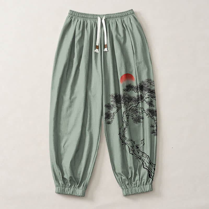 Buddha Stones Pure Cotton Ink Pine Tree Sun Pattern Drawstring Men's Harem Pants With Pockets - image 13
